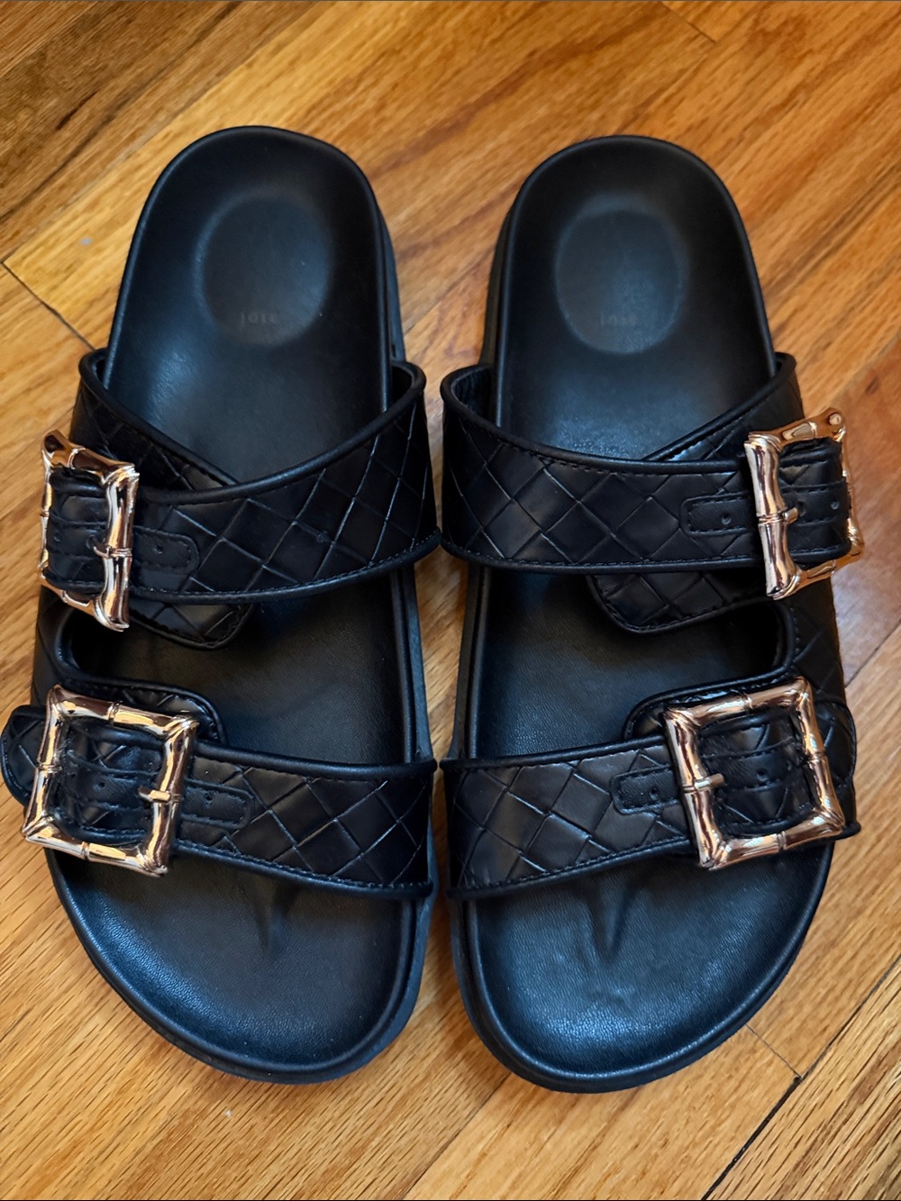 Joie Black Quilted Double-Buckle Slide Sandals with Gold Buckles